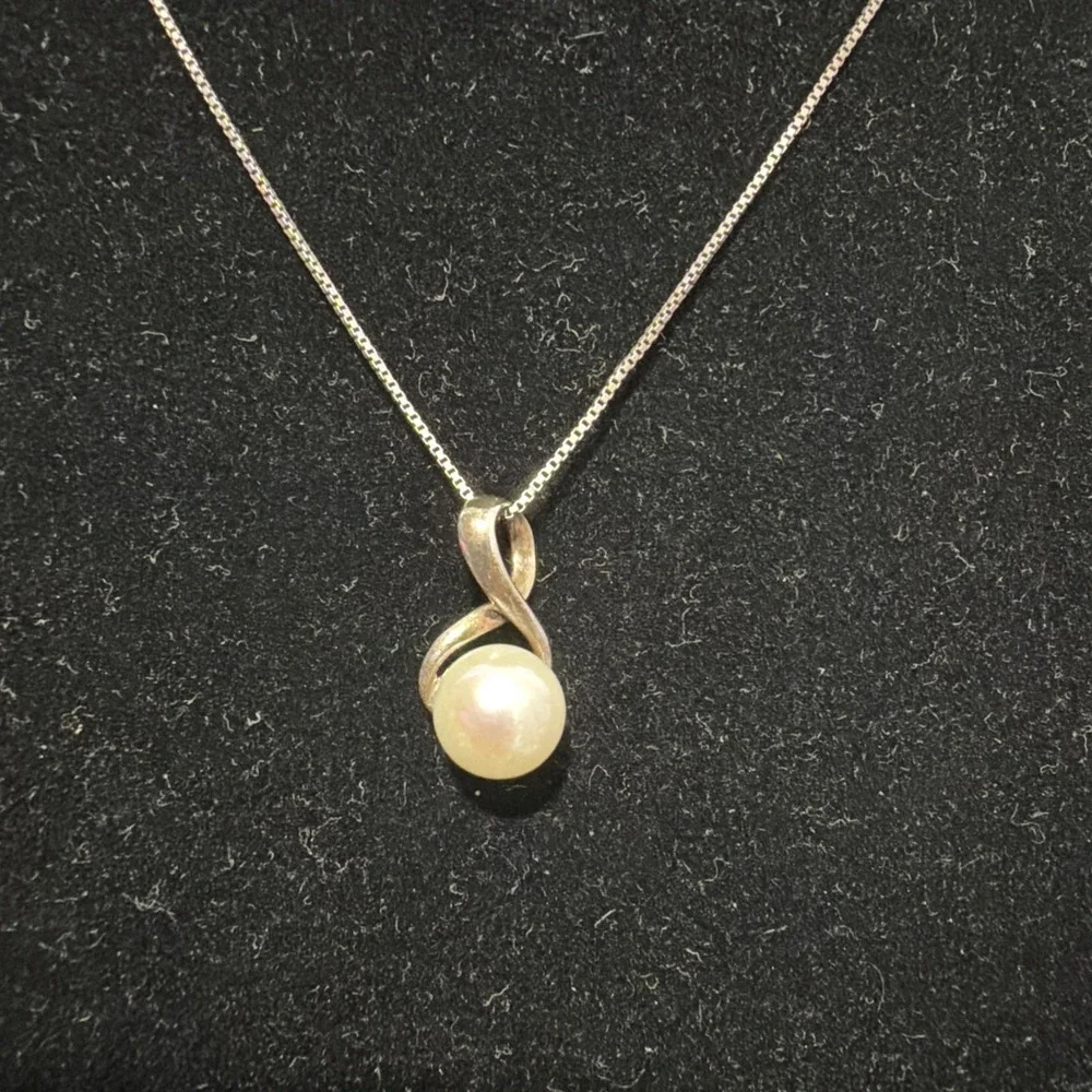 925 Italy Sterling Silver Box Chain Necklace w/ Genuine Freshwater Pearl Pendant